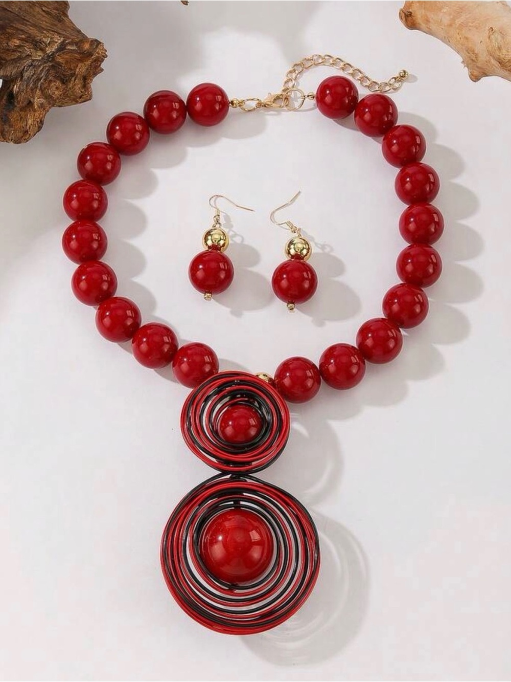 Red Beaded Statement Necklace & Earring Set